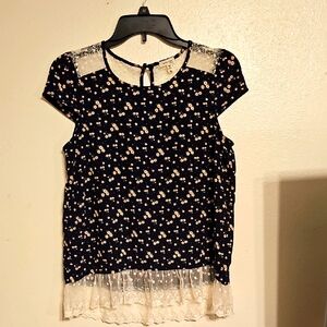 Monteau Black Floral Blouse with Lace Trim